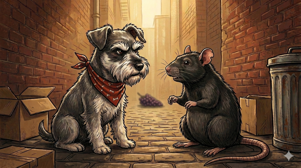 Dog and rat discussing grape toxicity in alley