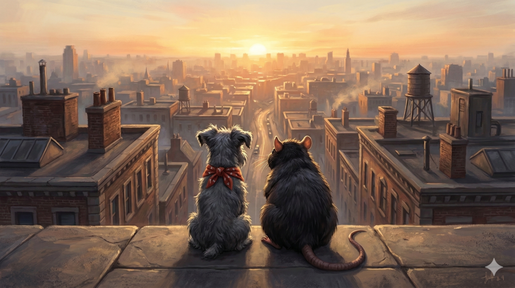 Ham the Miniature Schnauzer and George the rat sit side by side on a city sidewalk watching the sunrise over the rooftops
