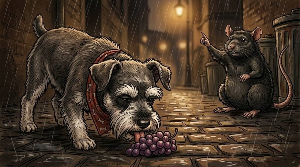 Ham is licking grapes George is warning him