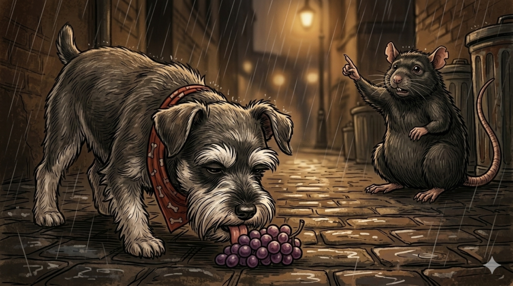 Dog licking grapes in alley dangerous toxic food warning.