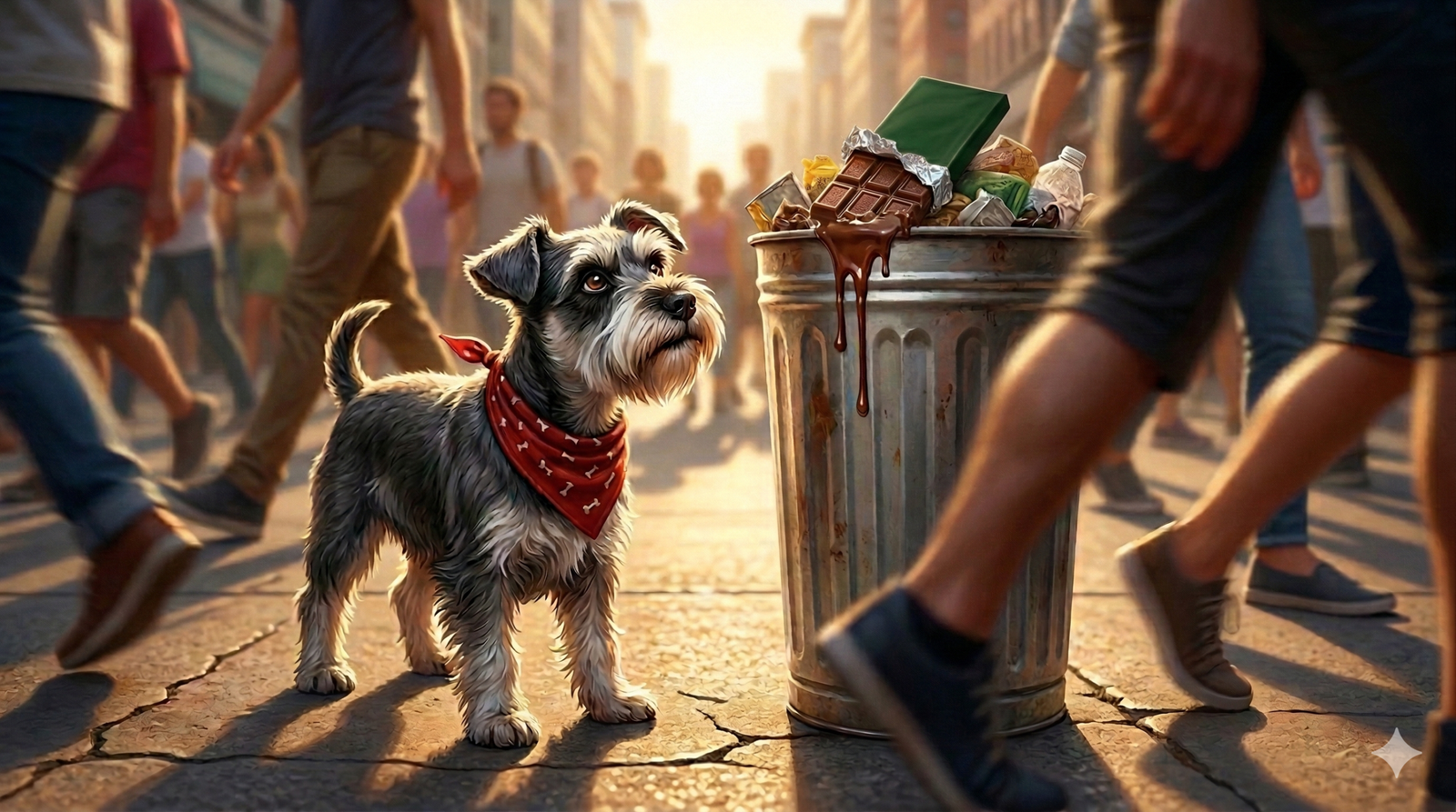 Ham the Miniature Schnauzer looks up at melting chocolate bar on a trash can on a busy summer street