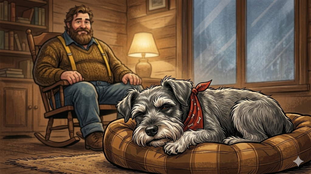 Ham the Miniature Schnauzer resting safely on his dog bed with Big Guy in the background