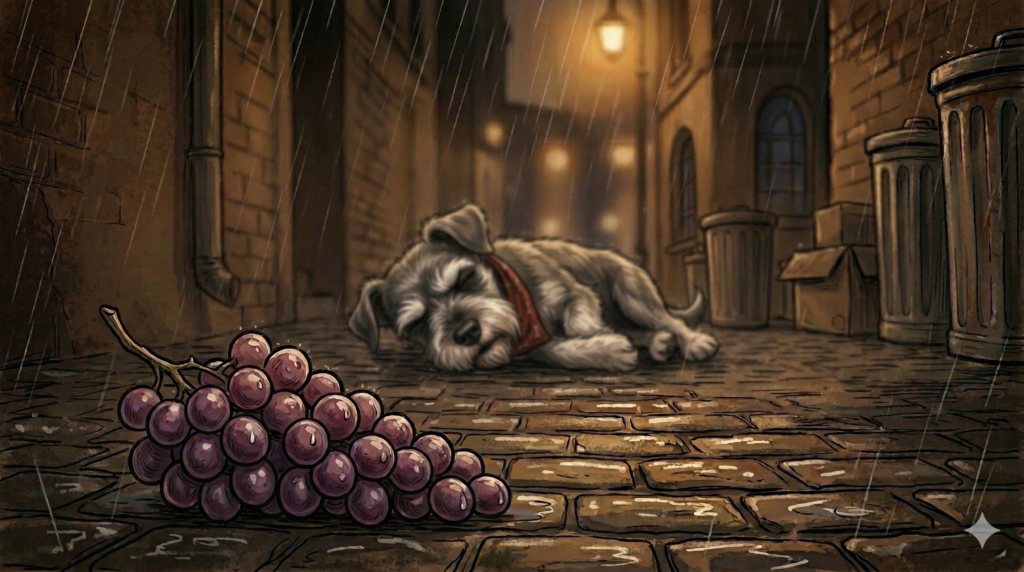 Sick dog lying in alley after eating grapes