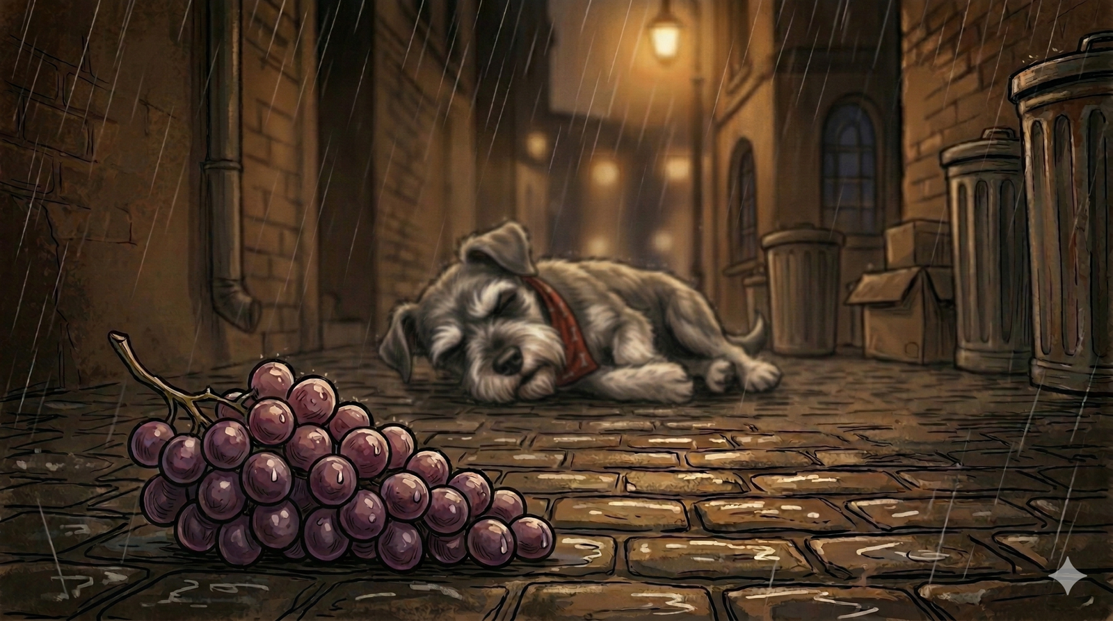 Sick dog lying in alley after eating grapes