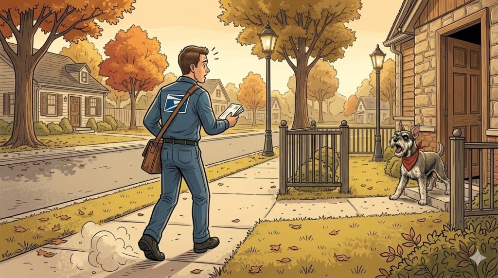 Miniature schnauzer with red bandana barking at a delivery person at the front door — comic illustration