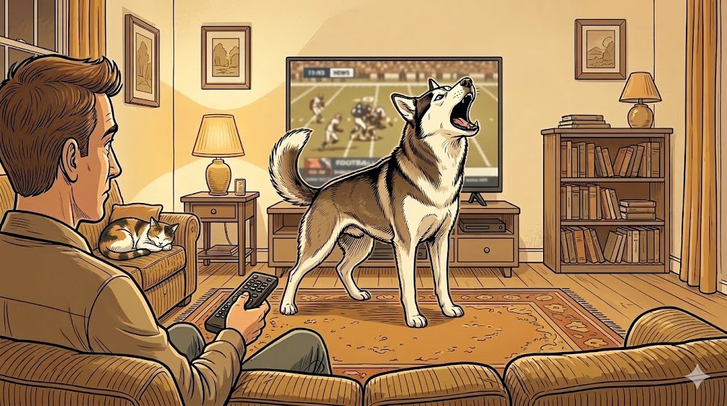 Husky barking at owner watching television, demanding attention — comic illustration