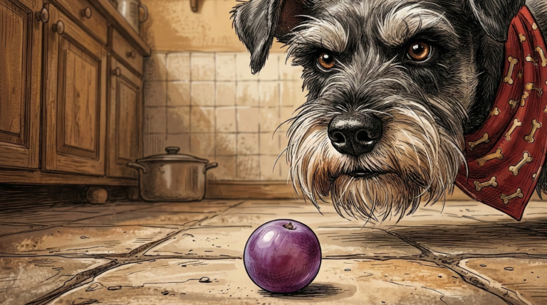 Ham, a Miniature Schnauzer, staring intensely at a dangerous grape on the kitchen floor.