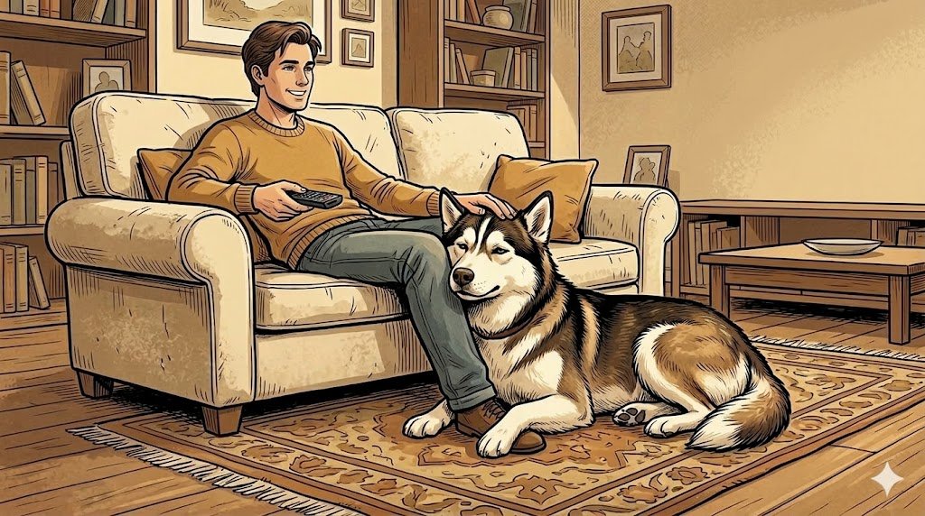Husky resting calmly beside owner on the couch instead of barking for attention — comic illustration