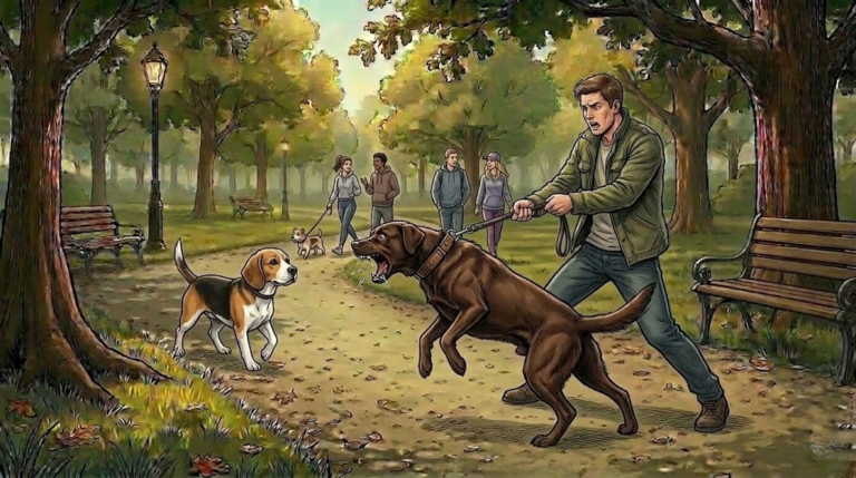 Chocolate Labrador lunging on leash toward a cheerful beagle on a park path — comic illustration