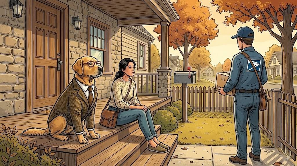 Alfred the golden retriever sitting calmly beside The Therapist as the mailman arrives — comic illustration