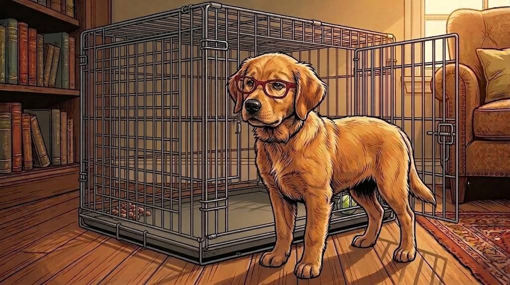 Young Alfred the golden retriever puppy in red rectangular glasses sitting suspiciously outside an open wire crate with a tennis ball inside.