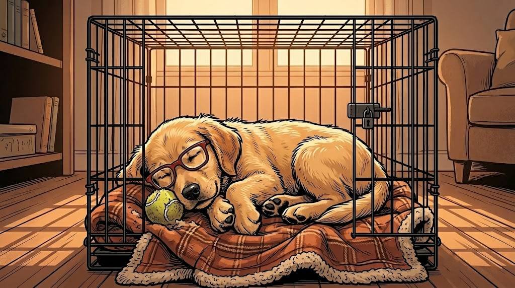 Young Alfred the golden retriever puppy sleeping peacefully inside his wire crate on a soft blanket.