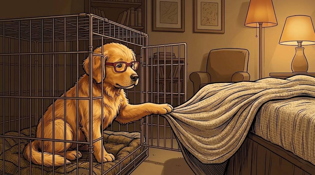 Young Alfred puppy inside his crate beside the bed, pulling a blanket down from the mattress into the crate with his paw.