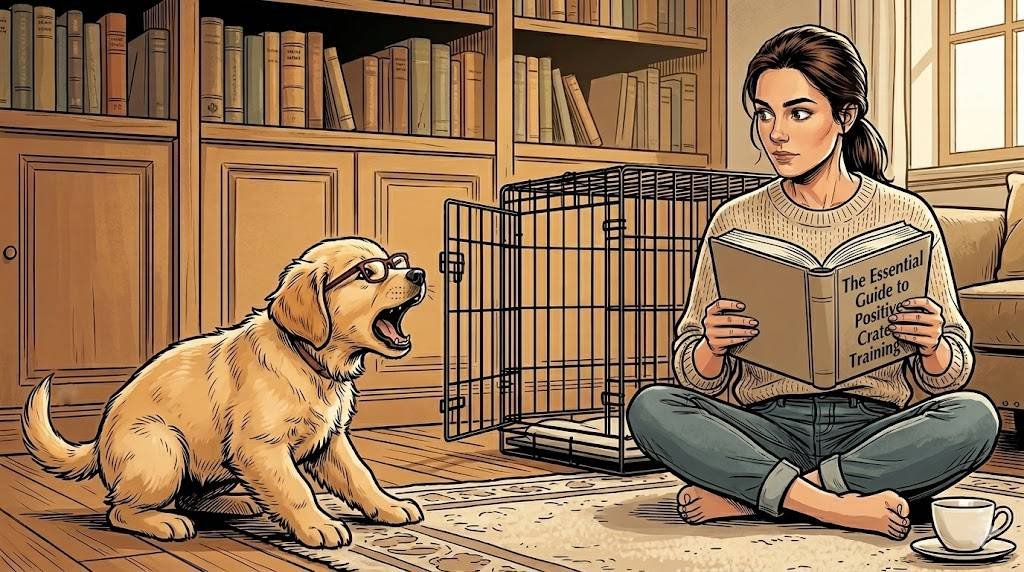 Young Alfred puppy barking at a wire crate while The Therapist sits beside it pretending to read a book.