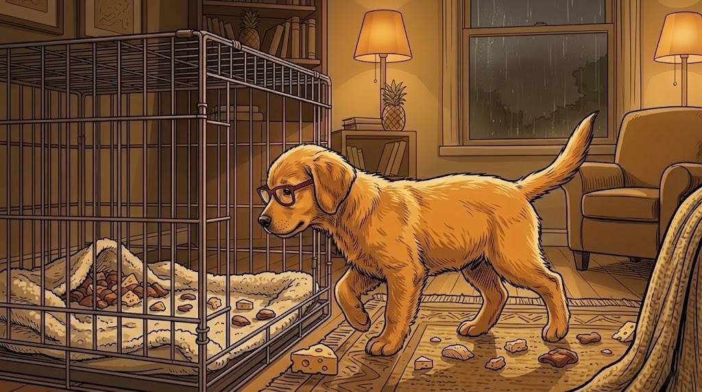 Young Alfred puppy following a trail of treats into a wire crate with the door removed, discovering it on his own during Stage One training.