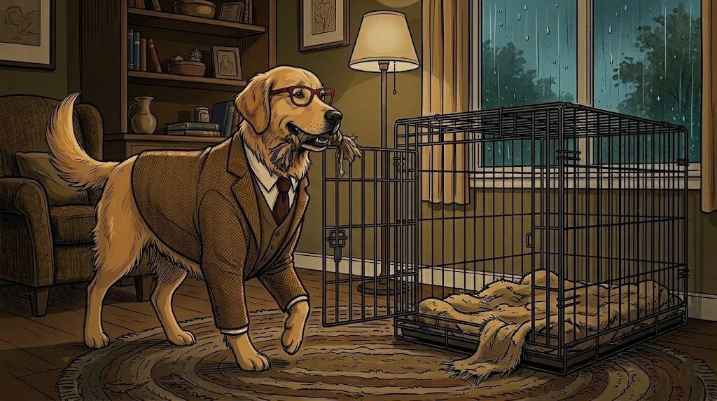 Adult Alfred the golden retriever in tweed jacket and red glasses walking voluntarily into his crate carrying a chew toy, with rain visible through the window.