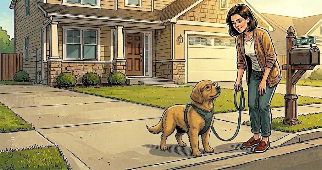 Alfred standing proudly at the end of the driveway with The Therapist after completing a short successful outdoor training session