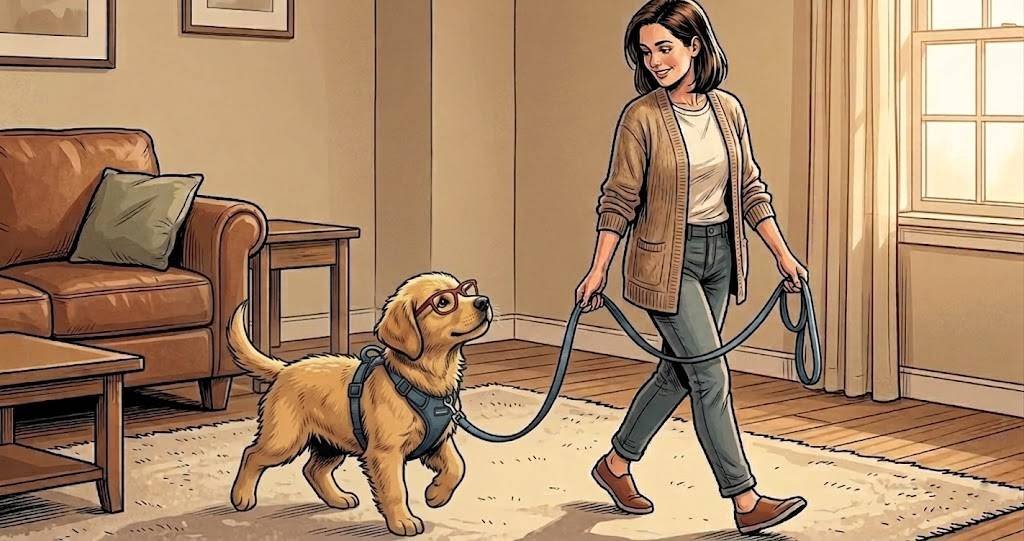 Alfred as a puppy walking calmly beside The Therapist in the living room practicing loose-leash walking