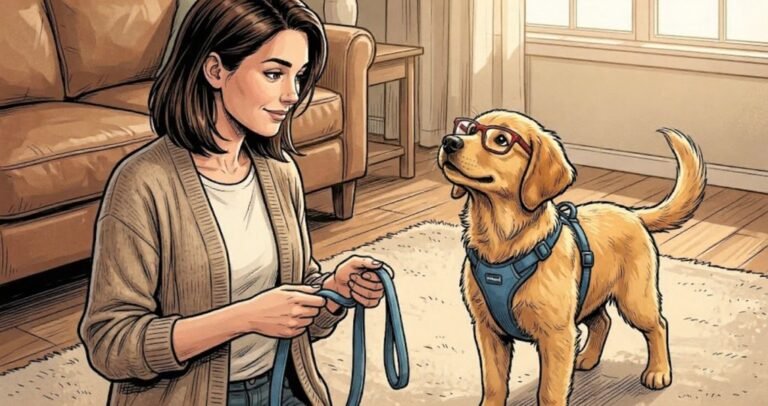 Young Alfred the golden retriever puppy wearing a blue harness indoors with The Therapist holding the leash