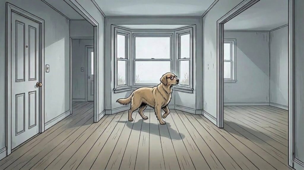 Young Alfred without his tweed jacket pacing through an empty apartment alone — comic illustration
