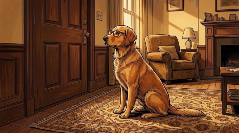 Young Alfred sitting alone on a rug facing a closed front door, waiting.