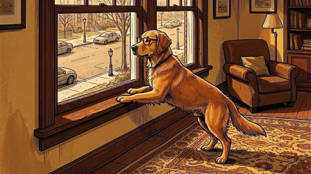 Young Alfred standing at a window with paws on the sill, looking at an empty street, an abandoned Kong on the rug behind him.