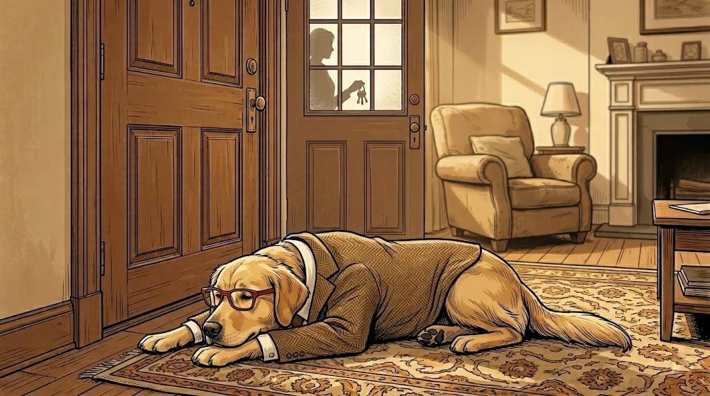 Young Alfred lying calmly on a rug while The Therapist stands quietly outside the closed front door holding her keys, practicing a thirty-second absence.