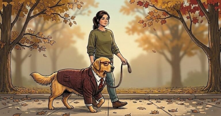 Golden retriever wearing red glasses and tweed jacket walking calmly beside owner with loose leash on tree-lined sidewalk