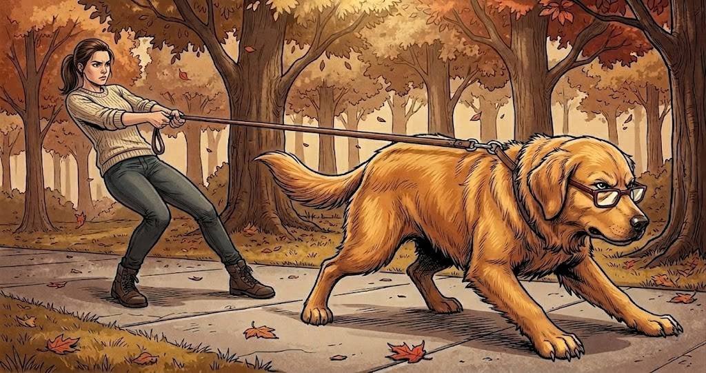 Golden retriever in glasses pulling forward on taut leash while owner pulls back, showing opposition reflex in dog training