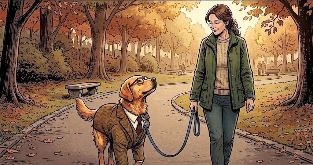 Golden retriever with red glasses looking up attentively at owner while walking with relaxed loose leash in park