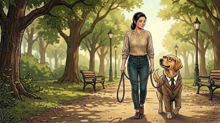 Alfred the golden retriever in tweed jacket walking with The Therapist in the park with a loose leash