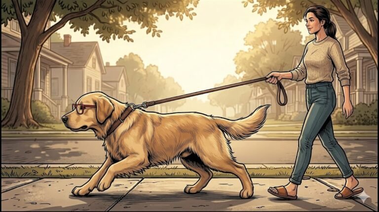 Young Alfred without his tweed jacket pulling forward on a sidewalk, leash taut — comic illustration
