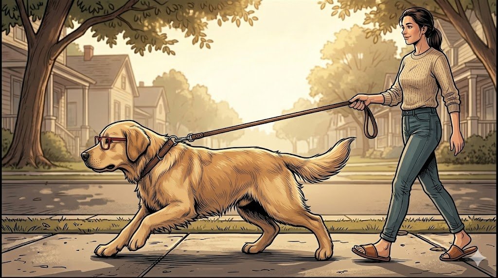 Young Alfred without his tweed jacket pulling forward on a sidewalk, leash taut — comic illustration