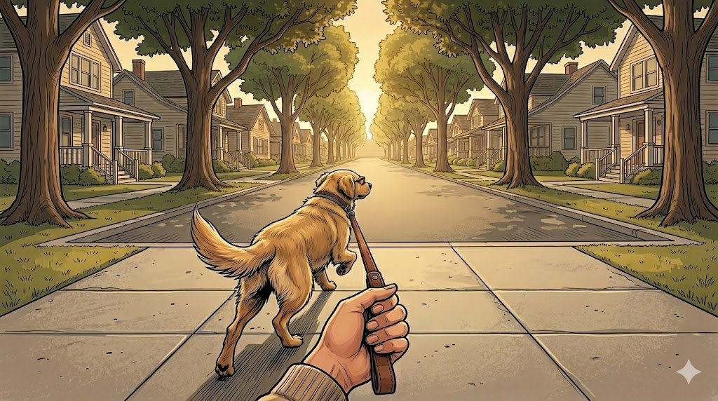 Young Alfred without his tweed jacket pulling forward on a sidewalk, leash taut behind him — comic illustration
