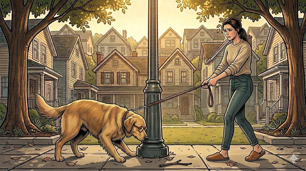 Young Alfred without his tweed jacket nose-deep at a lamp post on a sidewalk, leash pulled taut — comic illustration
