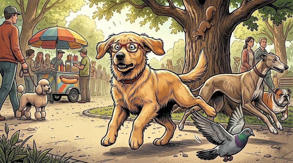 Young Alfred overwhelmed by distractions in a busy park trying to hold a sit