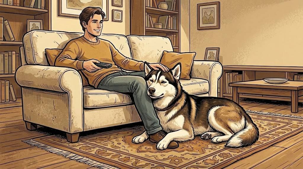 Husky resting calmly beside owner on the couch instead of barking for attention — comic illustration