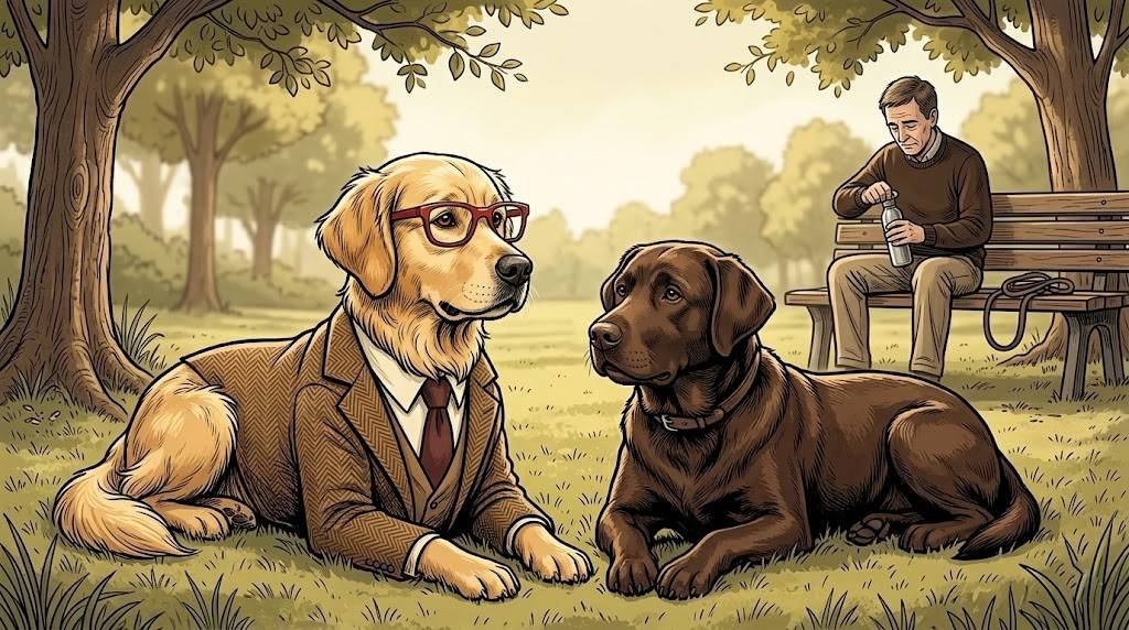 Adult Alfred and Gerald the chocolate Labrador lying side by side on the grass having a conversation, while Gerald's owner sits on a bench in the background drinking water.