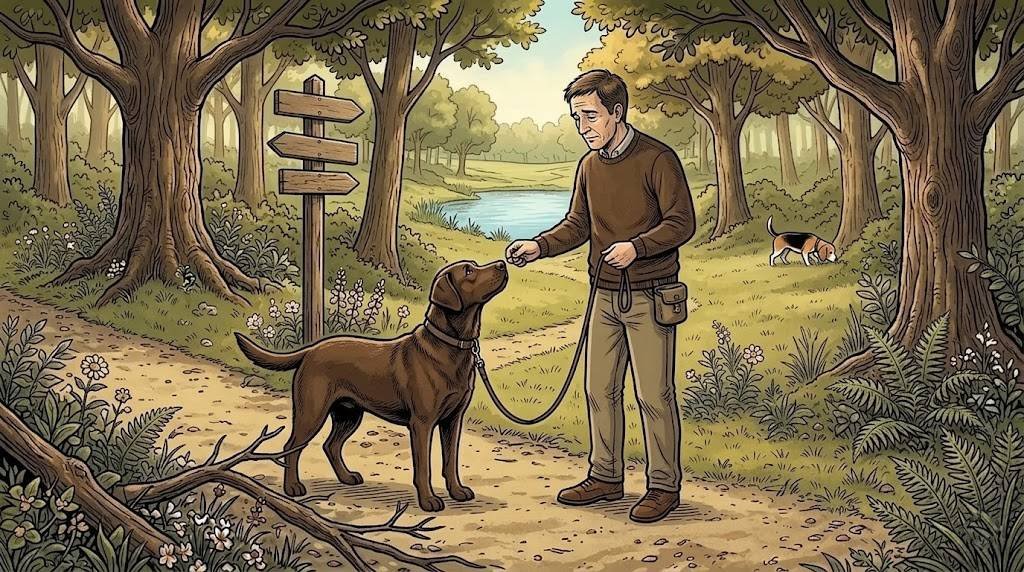 Gerald the chocolate Labrador looking up at his owner for a treat on a loose leash, while another dog sniffs at a tree thirty meters away in the background.