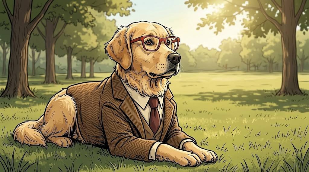 Adult Alfred the golden retriever in tweed jacket and red glasses lying in the grass at a park, watching something off in the middle distance with quiet attention.