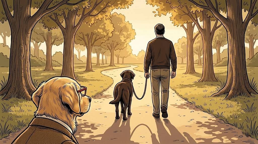 Gerald the chocolate Labrador and his owner walking away down a park path on a loose leash, with adult Alfred sitting in the foreground watching them go.
