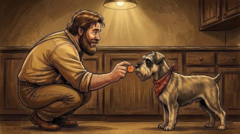 Miniature schnauzer Ham in a red bandana sniffing a carrot slice offered by Big Guy in yellow suspenders.