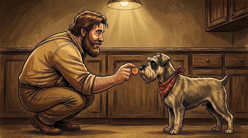 Miniature schnauzer Ham in a red bandana sniffing a carrot slice offered by Big Guy in yellow suspenders.