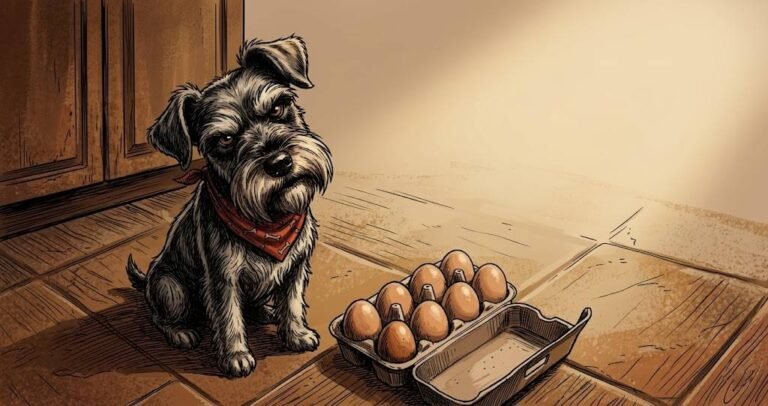 Miniature schnauzer Ham in a red bandana sitting in front of an open carton of six brown eggs, tilting his head suspiciously at one of them.