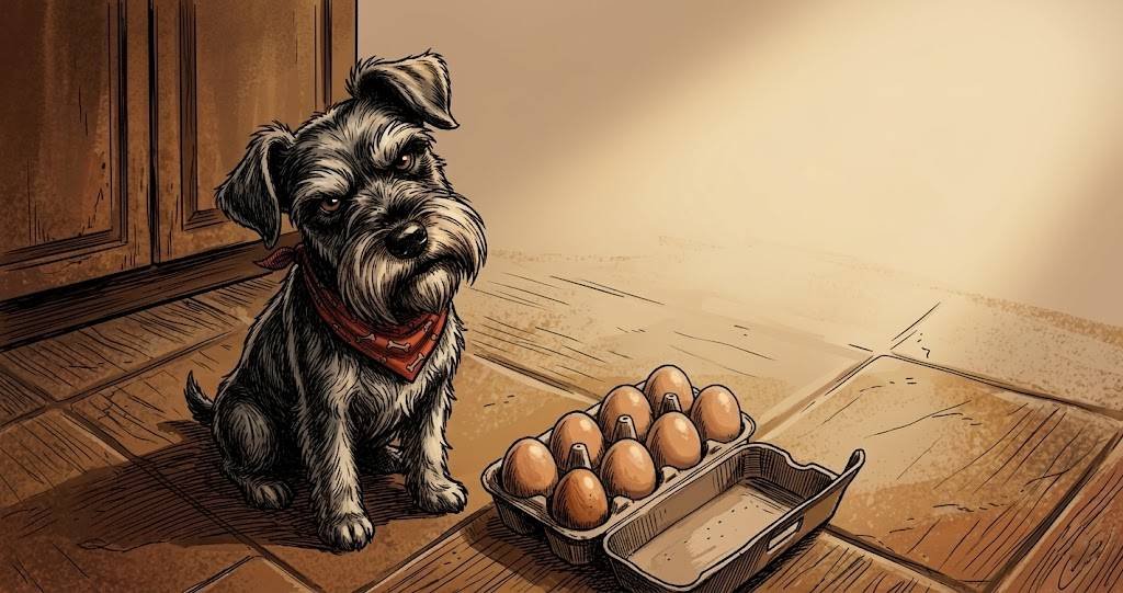 Miniature schnauzer Ham in a red bandana sitting in front of an open carton of six brown eggs, tilting his head suspiciously at one of them.
