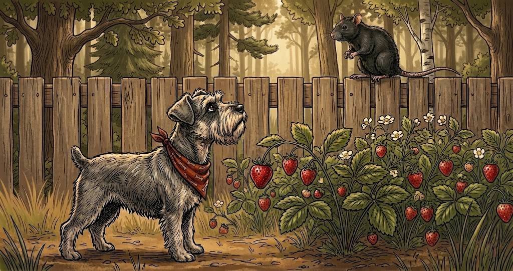 Miniature schnauzer Ham in a red bandana looking up at George the black rat sitting on a garden fence, with a strawberry bush between them.