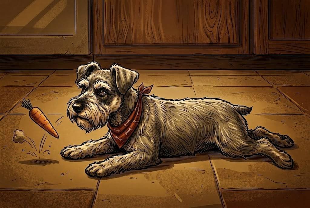 Miniature schnauzer Ham lying on the kitchen floor, lifting his head to consider a baby carrot that just dropped near him.