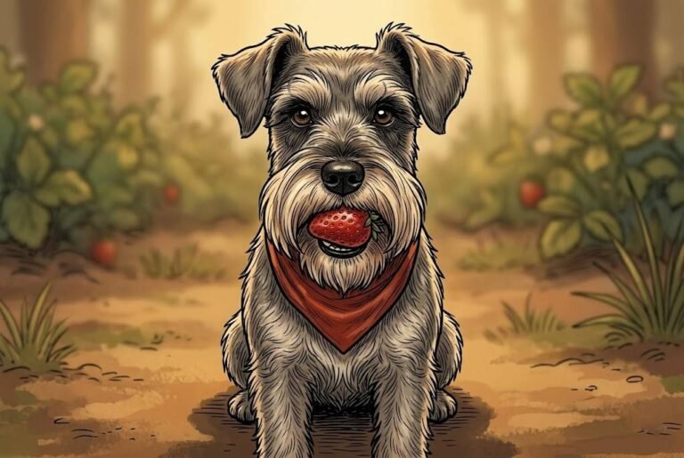 Miniature schnauzer Ham in a red bandana sitting in the garden, looking at the camera with a ripe red strawberry held in his mouth.