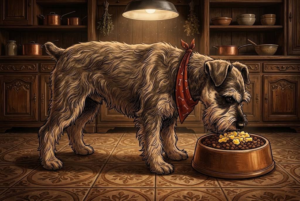 Miniature schnauzer Ham in a red bandana eating from a food bowl filled with kibble topped with a small portion of plain scrambled egg.