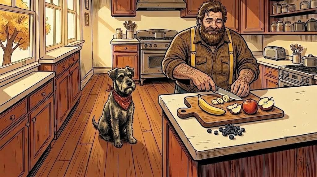 Big Guy slicing a banana on the kitchen counter while Ham, a miniature schnauzer in a red bandana, watches from the floor — fruits safe for dogs in the foreground